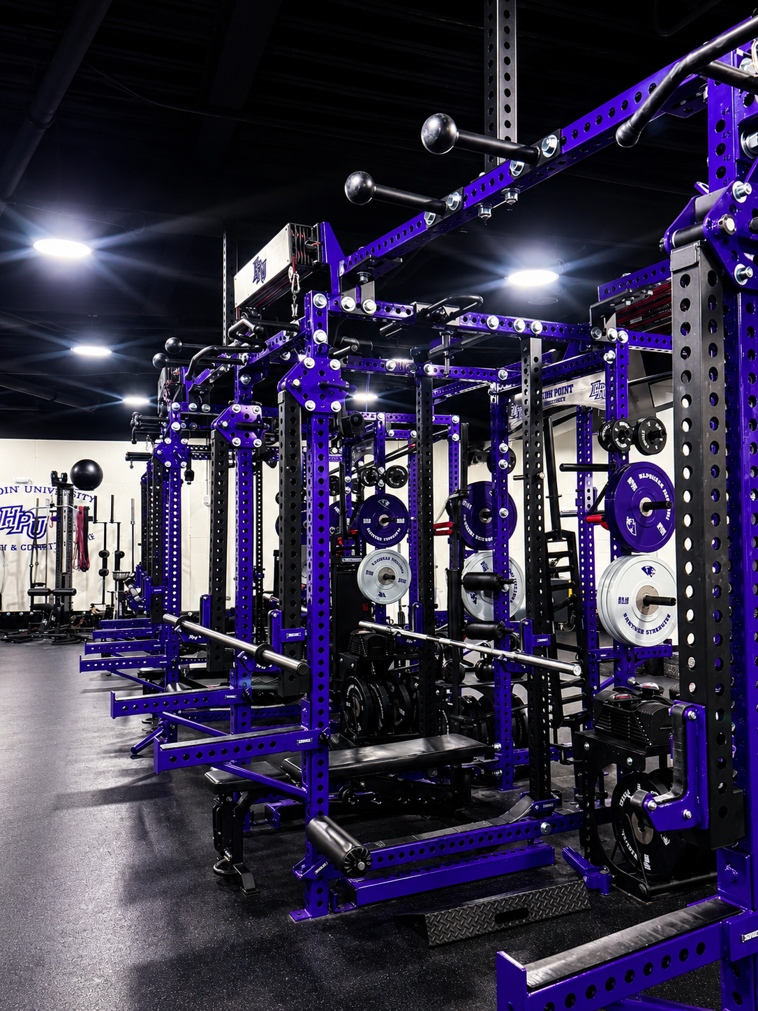 Panthers strength training racks with HPU plates